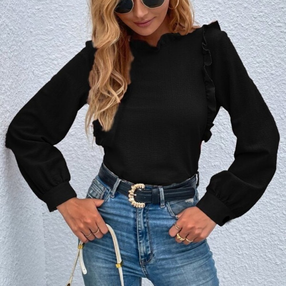 Classy Business work chic black Ruffle Detail Blouse - Picture 6 of 6
